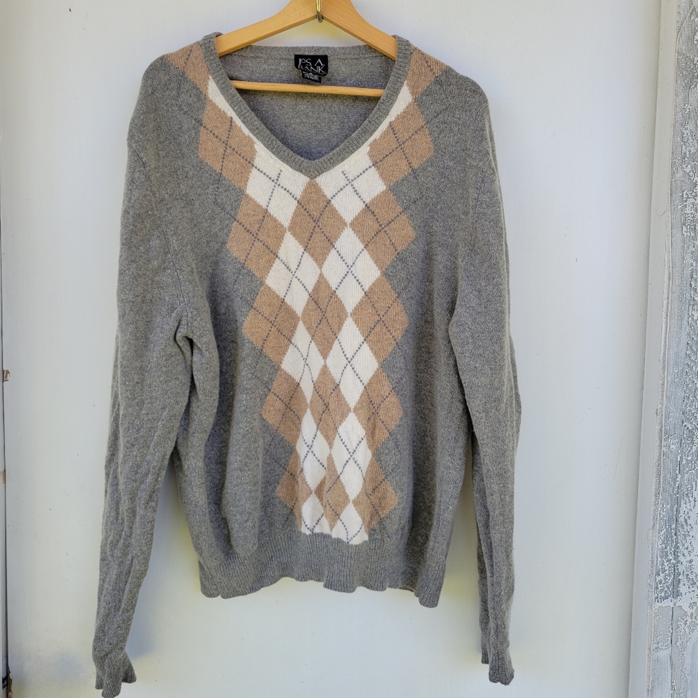 Jos A Bank Sweater V Neck 80% Lambs Wool Blend Gray Golf Geometric Size Medium